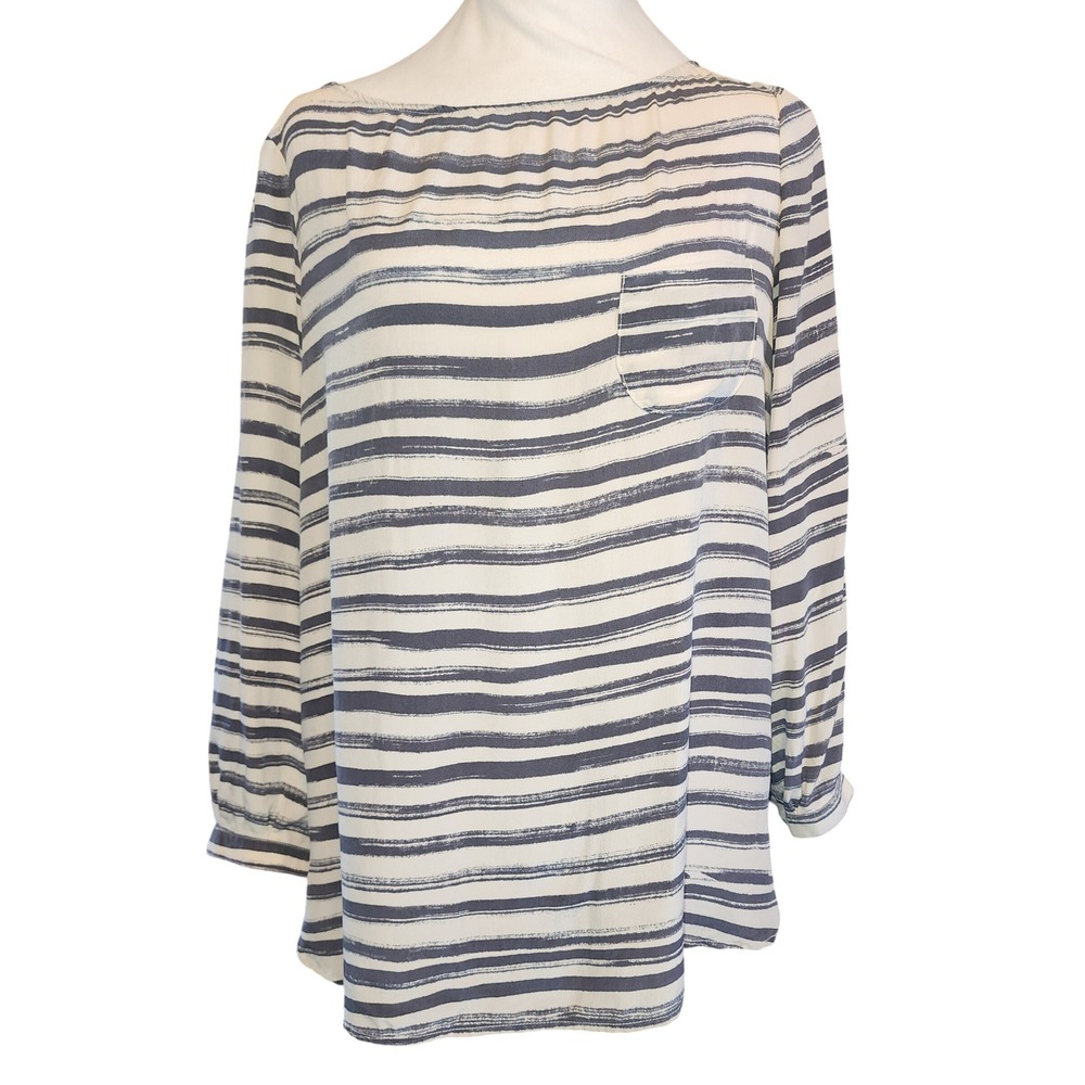 Kelly Wearstler 100% Silk Striped Blouse Navy Cream Boat Neck Size 10 Coastal
